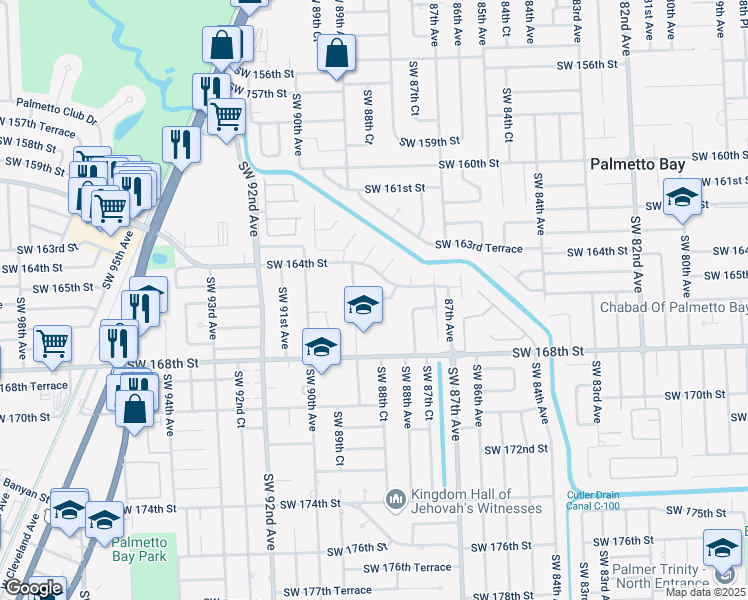 map of restaurants, bars, coffee shops, grocery stores, and more near 16430 Southwest 88th Avenue in Palmetto Bay