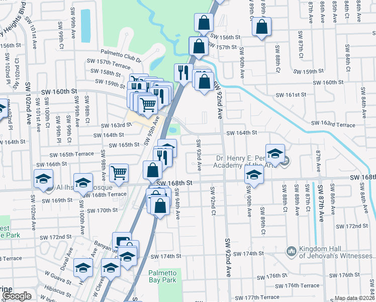 map of restaurants, bars, coffee shops, grocery stores, and more near 9351 Southwest 165th Street in Palmetto Bay