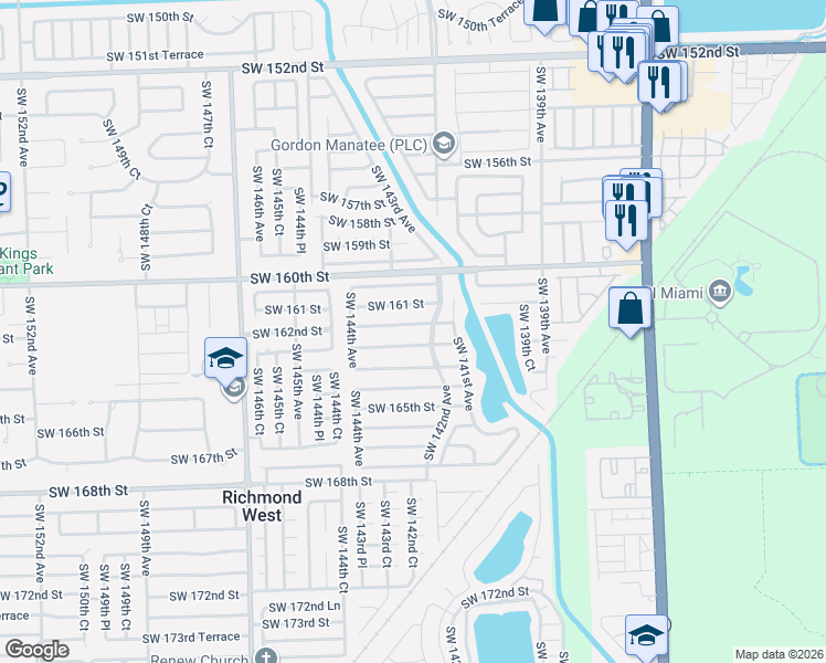 map of restaurants, bars, coffee shops, grocery stores, and more near 14275 Southwest 162nd Street in Miami