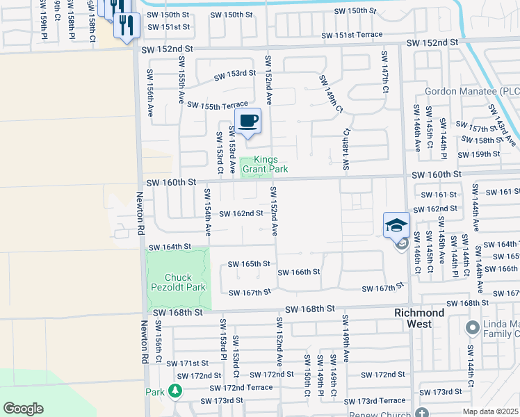 map of restaurants, bars, coffee shops, grocery stores, and more near 15221 Southwest 161 Terrace in Miami