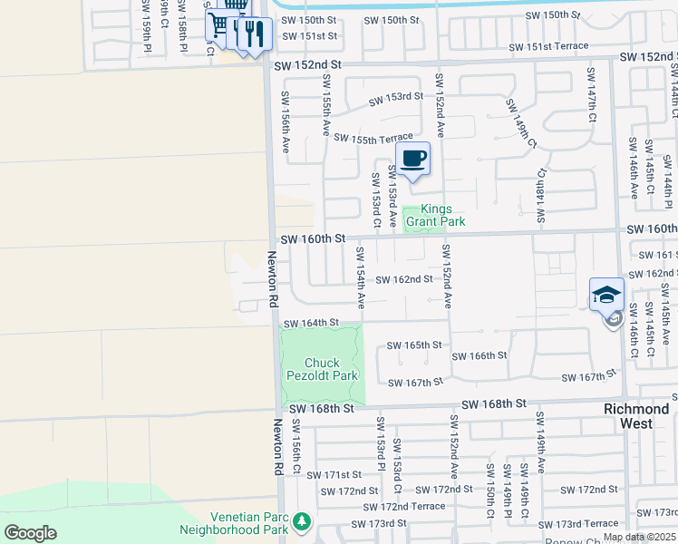 map of restaurants, bars, coffee shops, grocery stores, and more near 16076 Southwest 154th Court in Miami