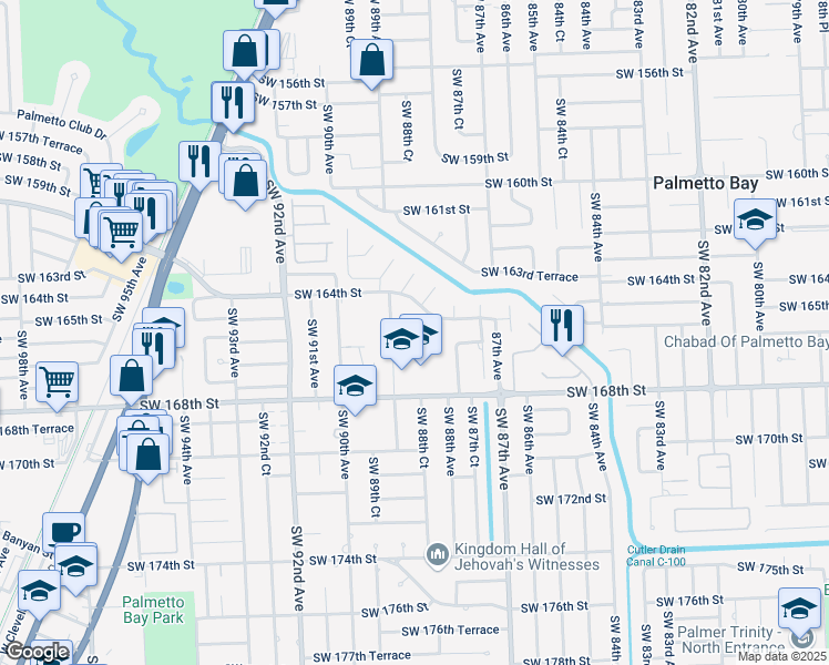 map of restaurants, bars, coffee shops, grocery stores, and more near 16430 Southwest 88th Avenue in Palmetto Bay