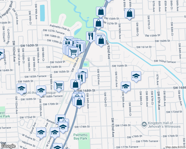 map of restaurants, bars, coffee shops, grocery stores, and more near 9351 Southwest 165th Street in Palmetto Bay