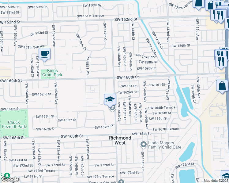 map of restaurants, bars, coffee shops, grocery stores, and more near 16100 Southwest 146th Court in Miami