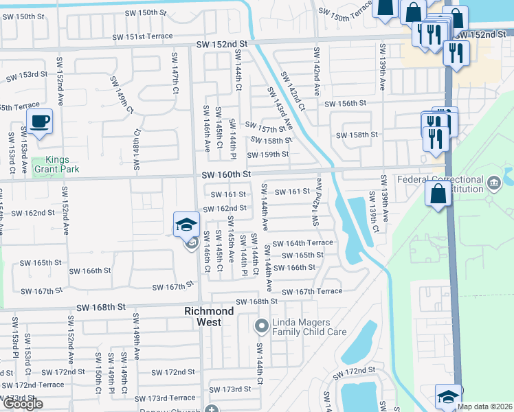 map of restaurants, bars, coffee shops, grocery stores, and more near 14450 Southwest 161 Street in Miami