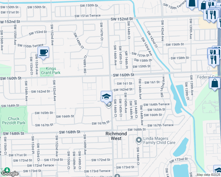 map of restaurants, bars, coffee shops, grocery stores, and more near 16100 Southwest 146th Court in Miami