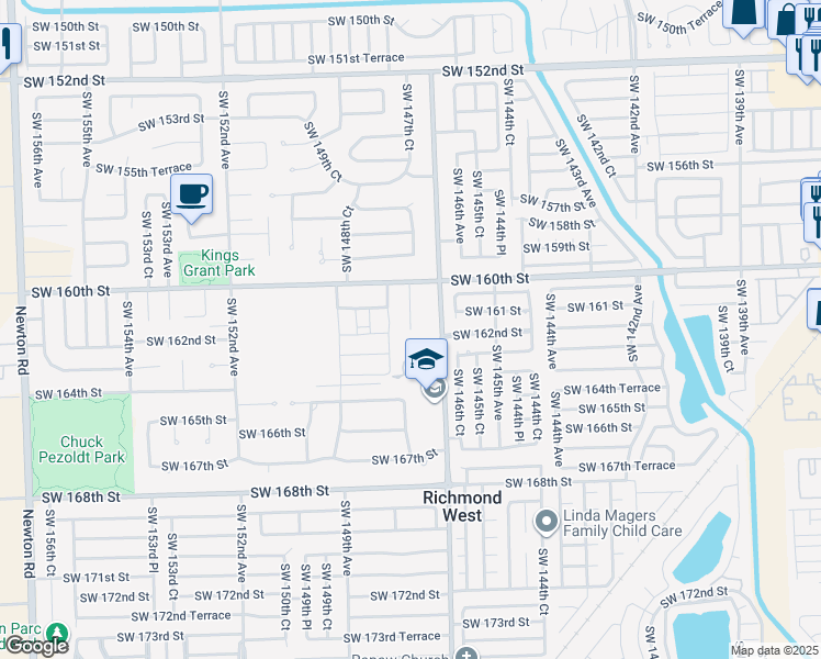 map of restaurants, bars, coffee shops, grocery stores, and more near 16130 Southwest 147th Court in Miami