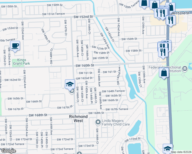 map of restaurants, bars, coffee shops, grocery stores, and more near 14450 Southwest 161 Street in Miami