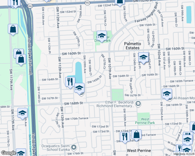 map of restaurants, bars, coffee shops, grocery stores, and more near 10831 Southwest 164th Street in Miami