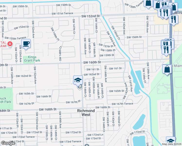 map of restaurants, bars, coffee shops, grocery stores, and more near 14510 Southwest 161 Street in Miami