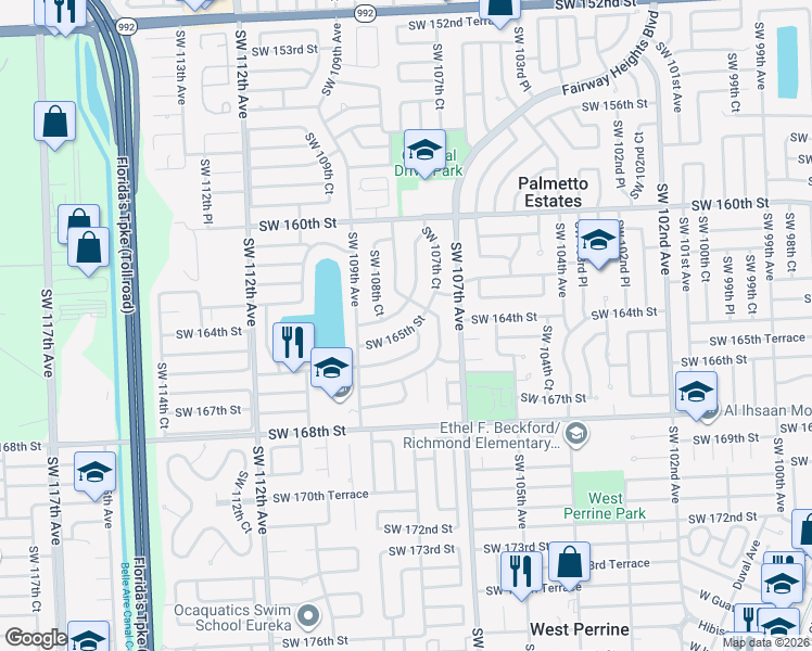 map of restaurants, bars, coffee shops, grocery stores, and more near 10831 Southwest 164th Street in Miami