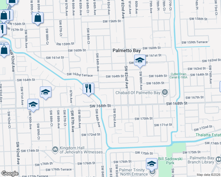 map of restaurants, bars, coffee shops, grocery stores, and more near 8281 Southwest 165th Terrace in Palmetto Bay