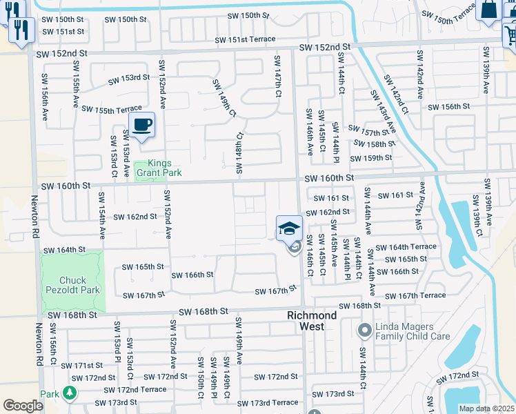 map of restaurants, bars, coffee shops, grocery stores, and more near 16180 Southwest 148th Avenue in Miami