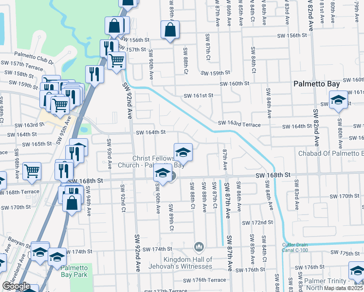 map of restaurants, bars, coffee shops, grocery stores, and more near 16501 Southwest 89th Avenue in Palmetto Bay