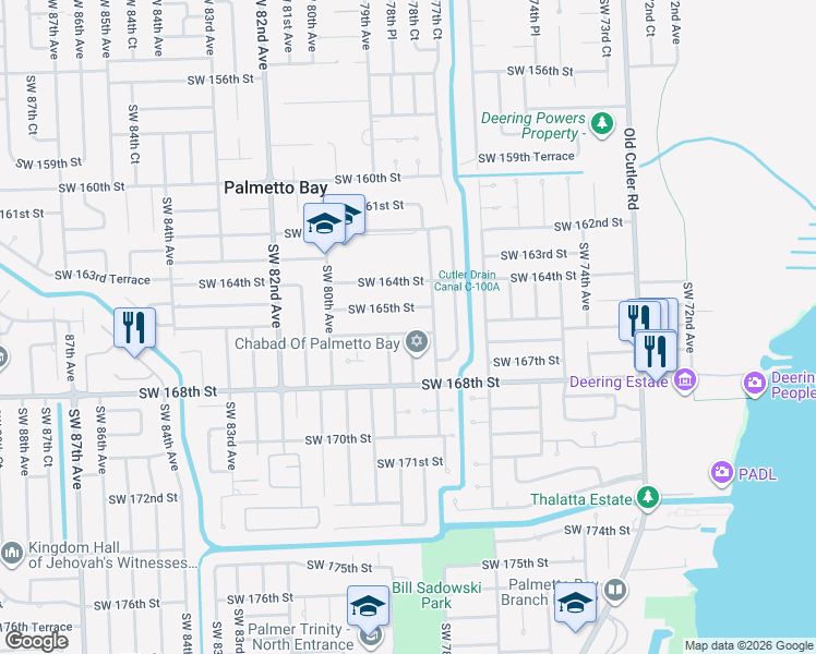 map of restaurants, bars, coffee shops, grocery stores, and more near 7805 Southwest 166th Street in Palmetto Bay