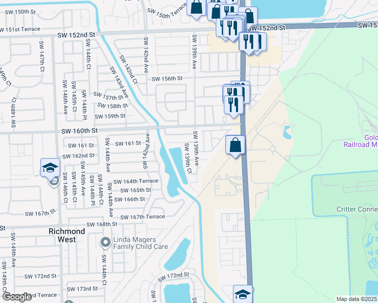 map of restaurants, bars, coffee shops, grocery stores, and more near 16172 Southwest 139th Court in Miami