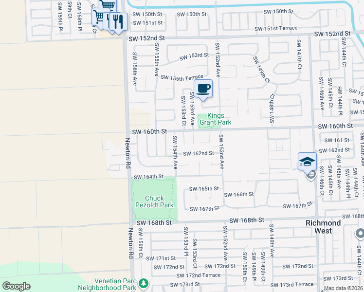 map of restaurants, bars, coffee shops, grocery stores, and more near 16110 Southwest 153rd Court in Miami
