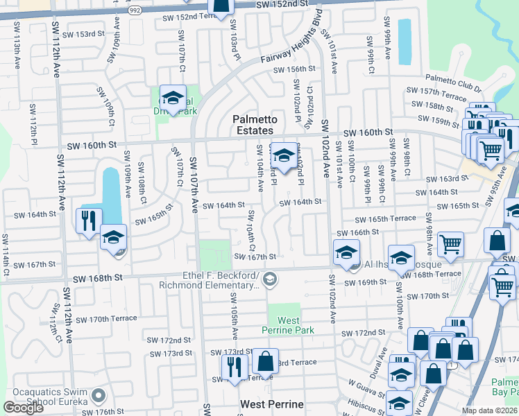 map of restaurants, bars, coffee shops, grocery stores, and more near 10341 Southwest 164th Street in Miami