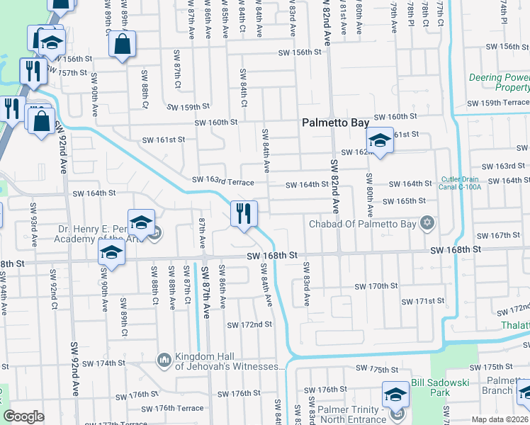 map of restaurants, bars, coffee shops, grocery stores, and more near 8441 Southwest 165th Terrace in Palmetto Bay