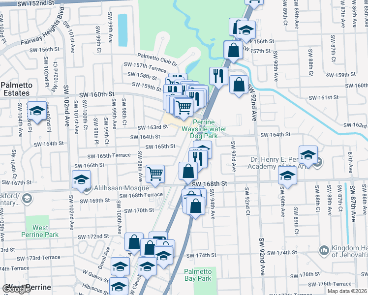 map of restaurants, bars, coffee shops, grocery stores, and more near 16501 Southwest 95th Avenue in Miami