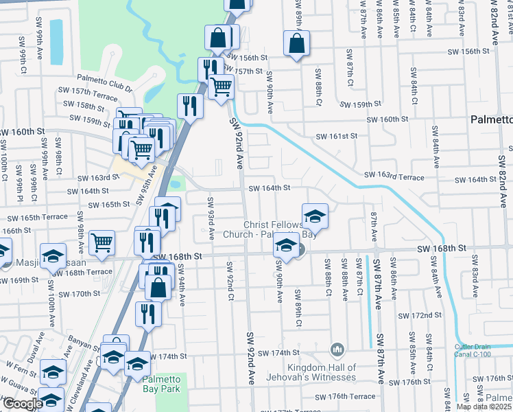 map of restaurants, bars, coffee shops, grocery stores, and more near 16500 Southwest 91st Avenue in Palmetto Bay