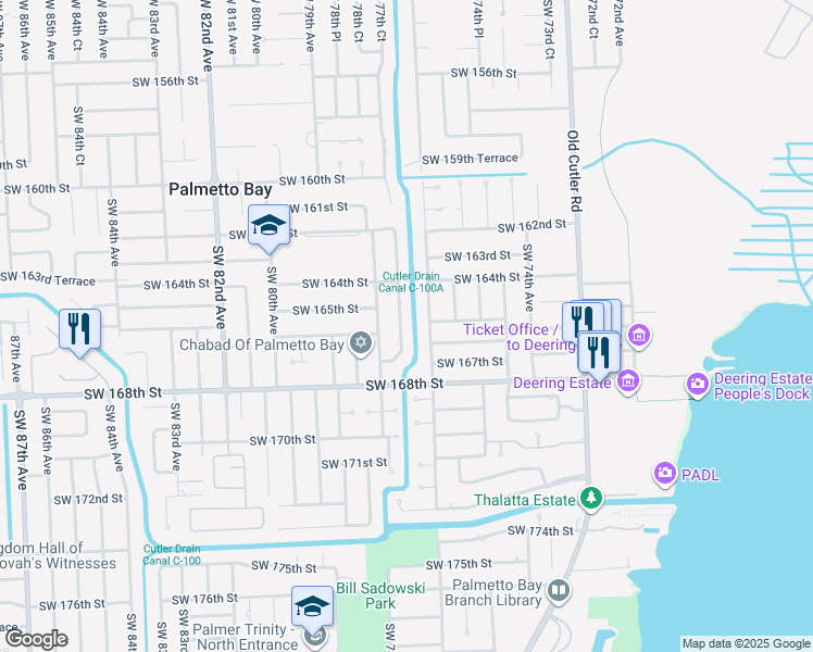 map of restaurants, bars, coffee shops, grocery stores, and more near 16581 Southwest 77th Court in Palmetto Bay