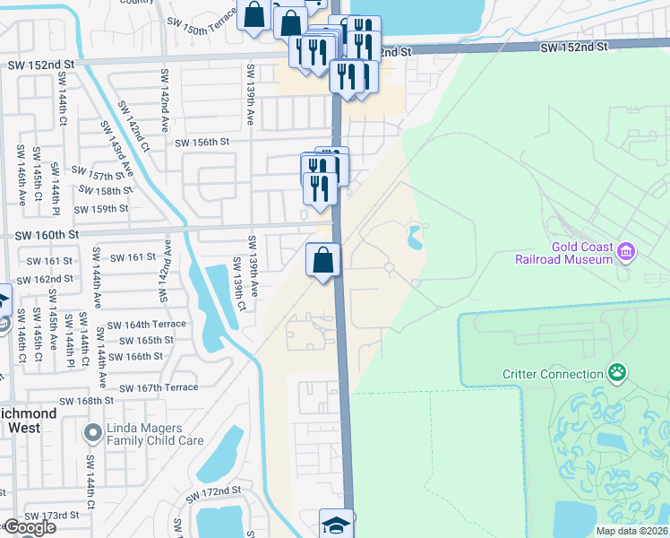map of restaurants, bars, coffee shops, grocery stores, and more near 16200 Lindgren Road in Miami