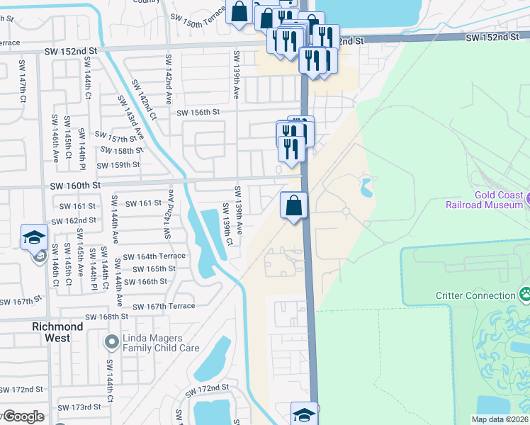 map of restaurants, bars, coffee shops, grocery stores, and more near 16185 Southwest 137th Court in Miami