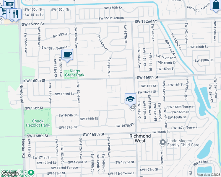 map of restaurants, bars, coffee shops, grocery stores, and more near 14881 Southwest 161 Street in Miami