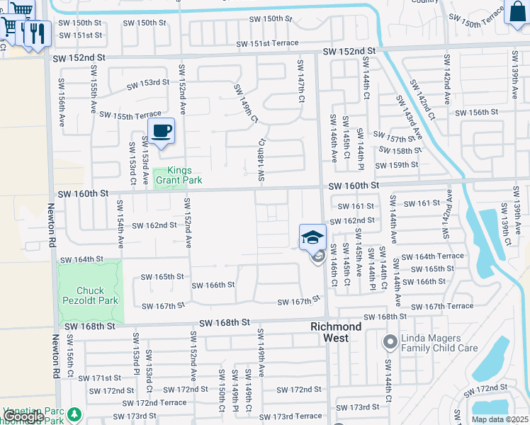 map of restaurants, bars, coffee shops, grocery stores, and more near 14881 Southwest 161 Street in Miami