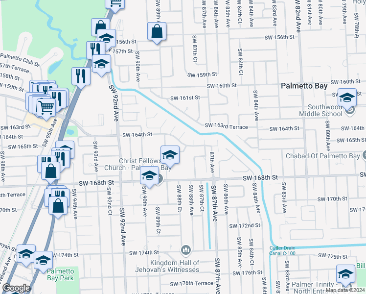 map of restaurants, bars, coffee shops, grocery stores, and more near 16430 Southwest 88th Avenue in Palmetto Bay