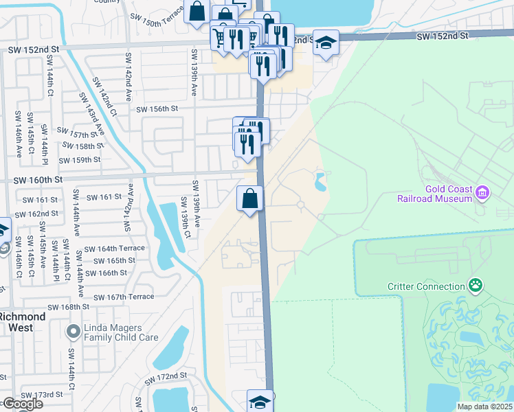 map of restaurants, bars, coffee shops, grocery stores, and more near 16200 Lindgren Road in Miami
