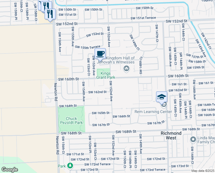 map of restaurants, bars, coffee shops, grocery stores, and more near 15221 Southwest 161 Terrace in Miami
