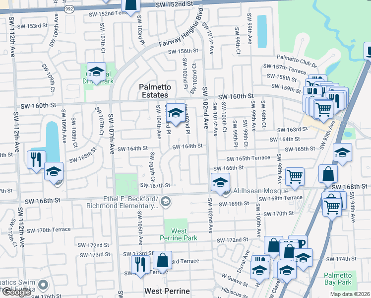 map of restaurants, bars, coffee shops, grocery stores, and more near 10280 Southwest 164th Street in Miami