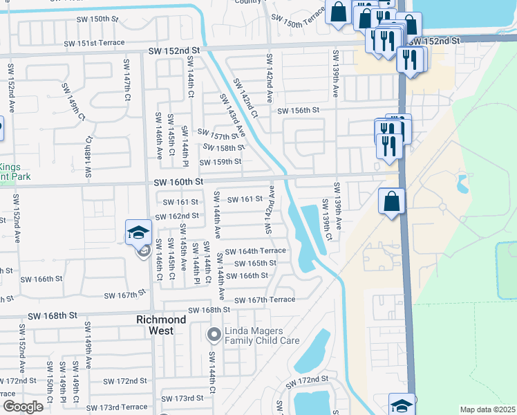 map of restaurants, bars, coffee shops, grocery stores, and more near 14245 Southwest 162nd Street in Miami