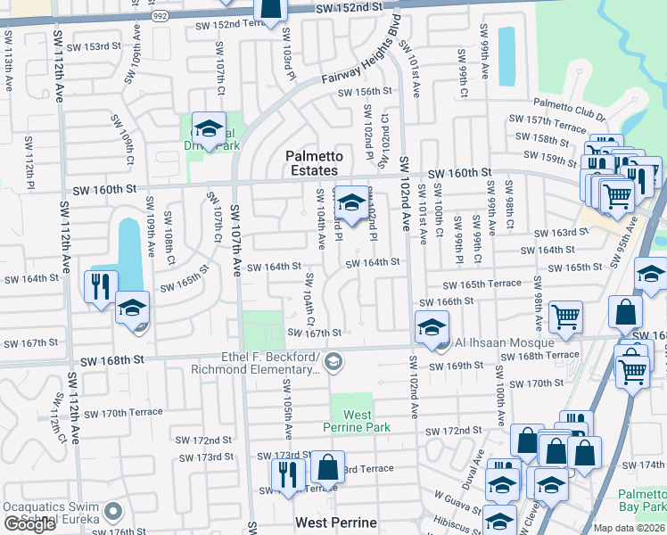 map of restaurants, bars, coffee shops, grocery stores, and more near 10341 Southwest 164th Street in Miami