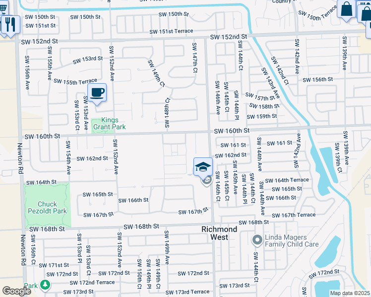map of restaurants, bars, coffee shops, grocery stores, and more near 16180 Southwest 148th Avenue in Miami