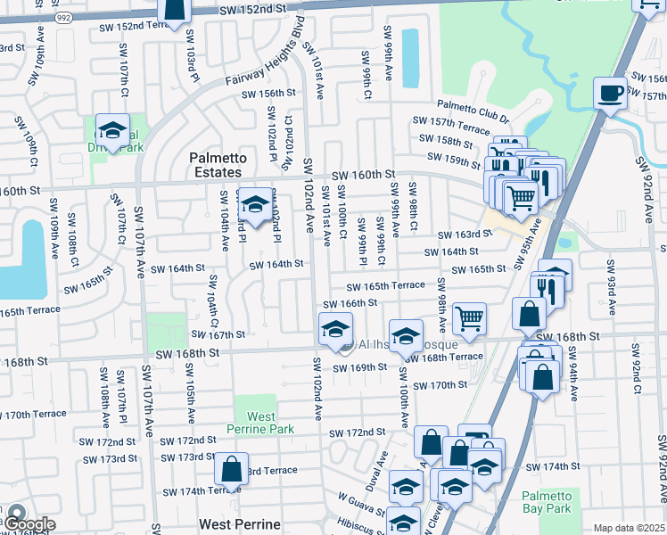 map of restaurants, bars, coffee shops, grocery stores, and more near 16421 Southwest 101st Avenue in Miami