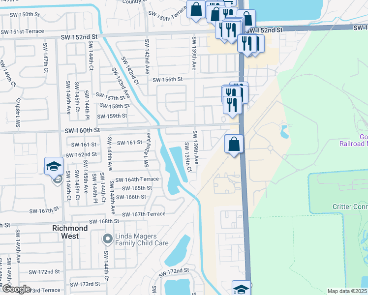 map of restaurants, bars, coffee shops, grocery stores, and more near 16172 Southwest 139th Court in Miami