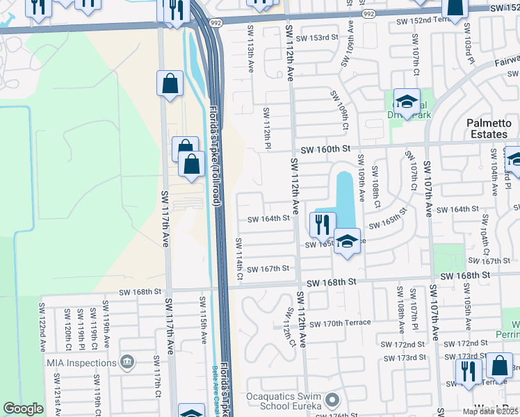 map of restaurants, bars, coffee shops, grocery stores, and more near 16320 Southwest 113th Avenue in Miami
