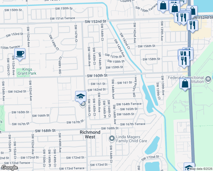 map of restaurants, bars, coffee shops, grocery stores, and more near 14450 Southwest 161 Street in Miami