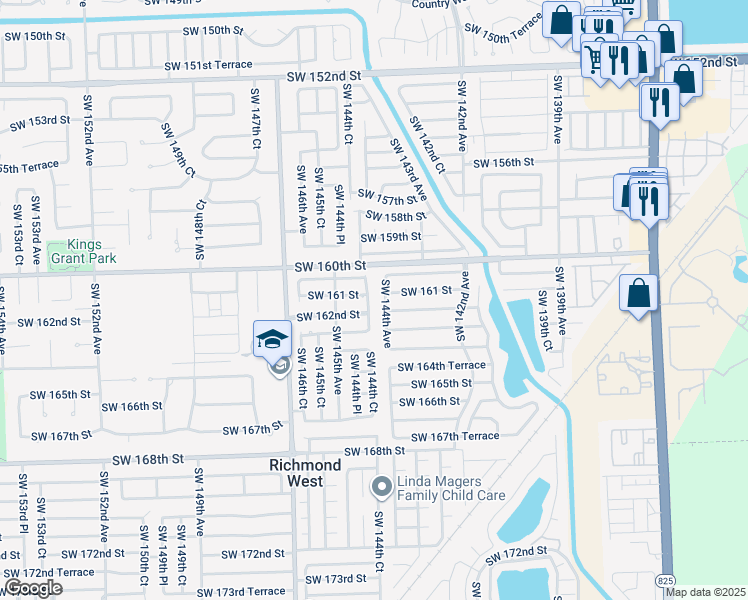 map of restaurants, bars, coffee shops, grocery stores, and more near 16121 Southwest 144th Court in Miami