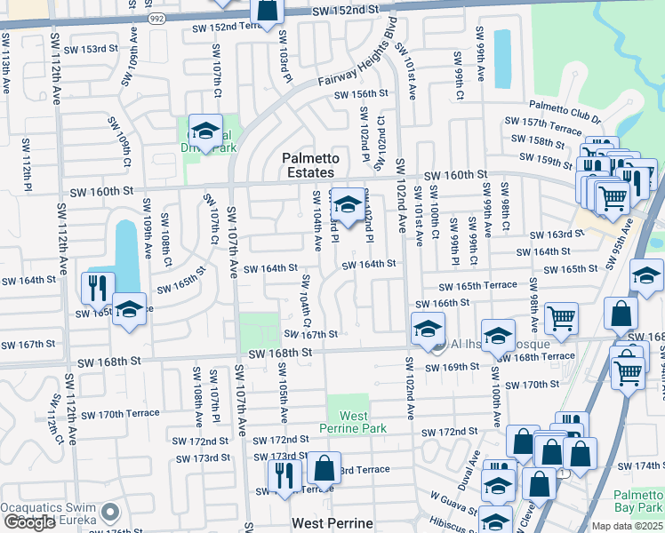 map of restaurants, bars, coffee shops, grocery stores, and more near 10341 Southwest 164th Street in Miami