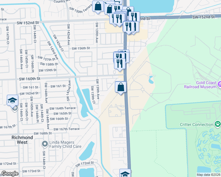 map of restaurants, bars, coffee shops, grocery stores, and more near 16185 Southwest 137th Court in Miami