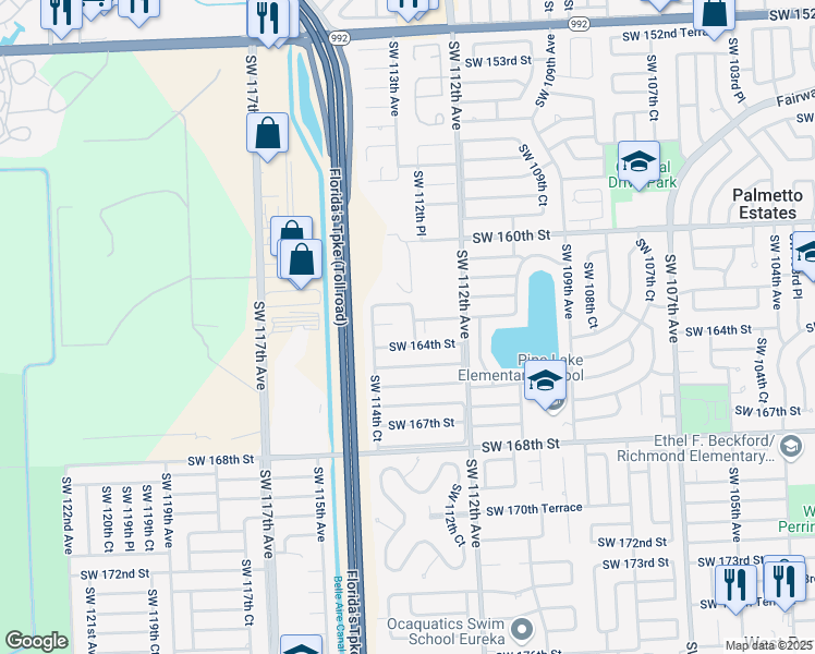 map of restaurants, bars, coffee shops, grocery stores, and more near 16320 Southwest 113th Avenue in Miami