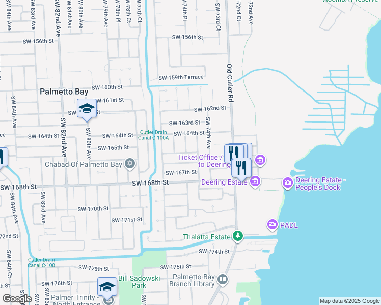map of restaurants, bars, coffee shops, grocery stores, and more near 7500 Southwest 165th Terrace in Palmetto Bay