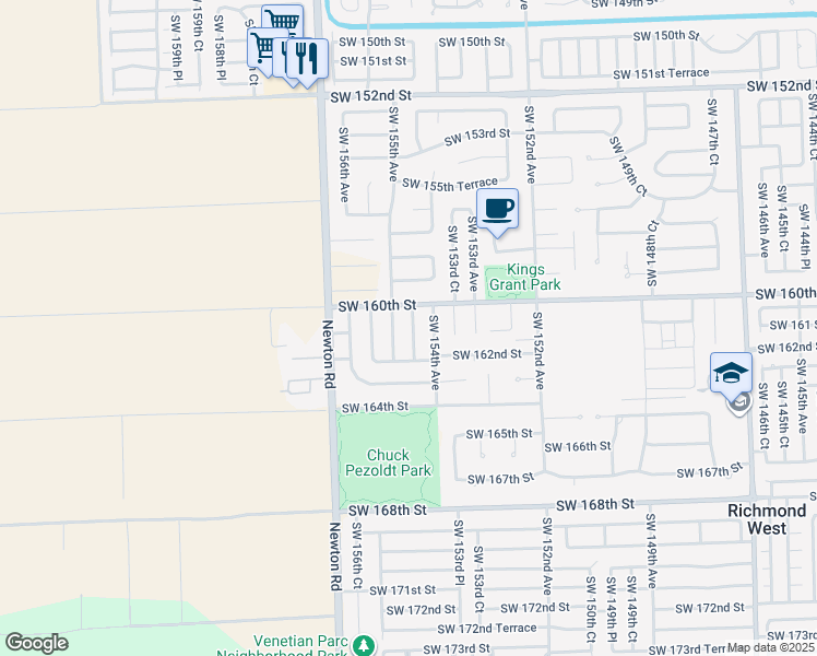 map of restaurants, bars, coffee shops, grocery stores, and more near 16076 Southwest 154th Court in Miami
