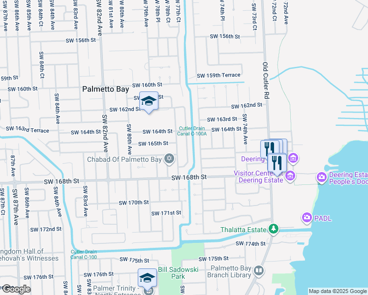 map of restaurants, bars, coffee shops, grocery stores, and more near 16581 Southwest 77th Court in Palmetto Bay