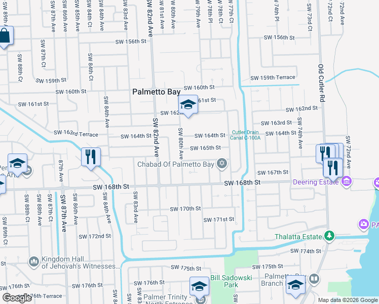 map of restaurants, bars, coffee shops, grocery stores, and more near 7970 Southwest 165th Street in Palmetto Bay