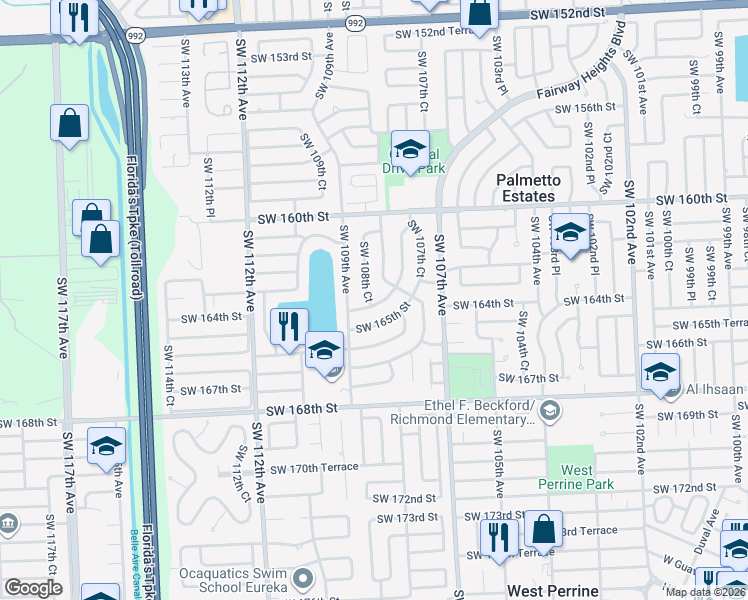 map of restaurants, bars, coffee shops, grocery stores, and more near 10831 Southwest 164th Street in Miami